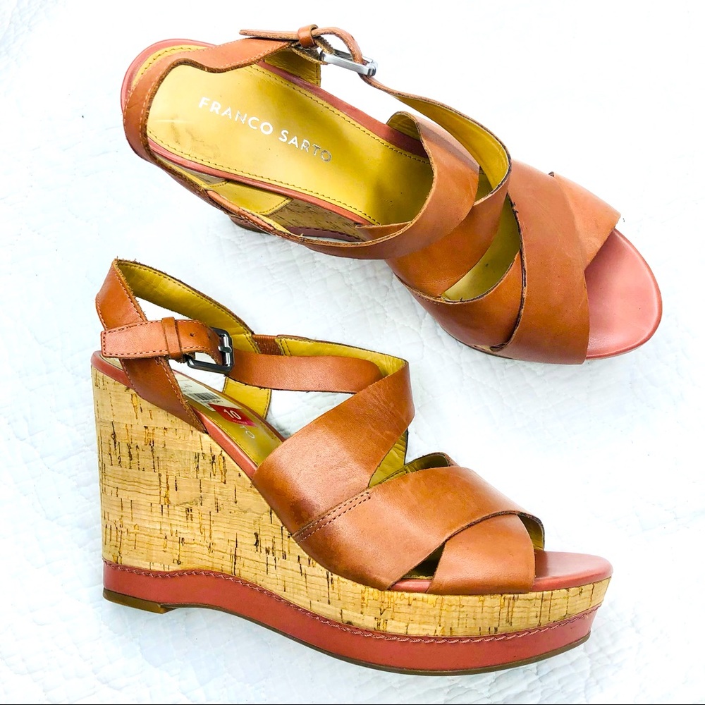 Franco Sarto Leather Platform Cork Heel Wedges size 10 brown